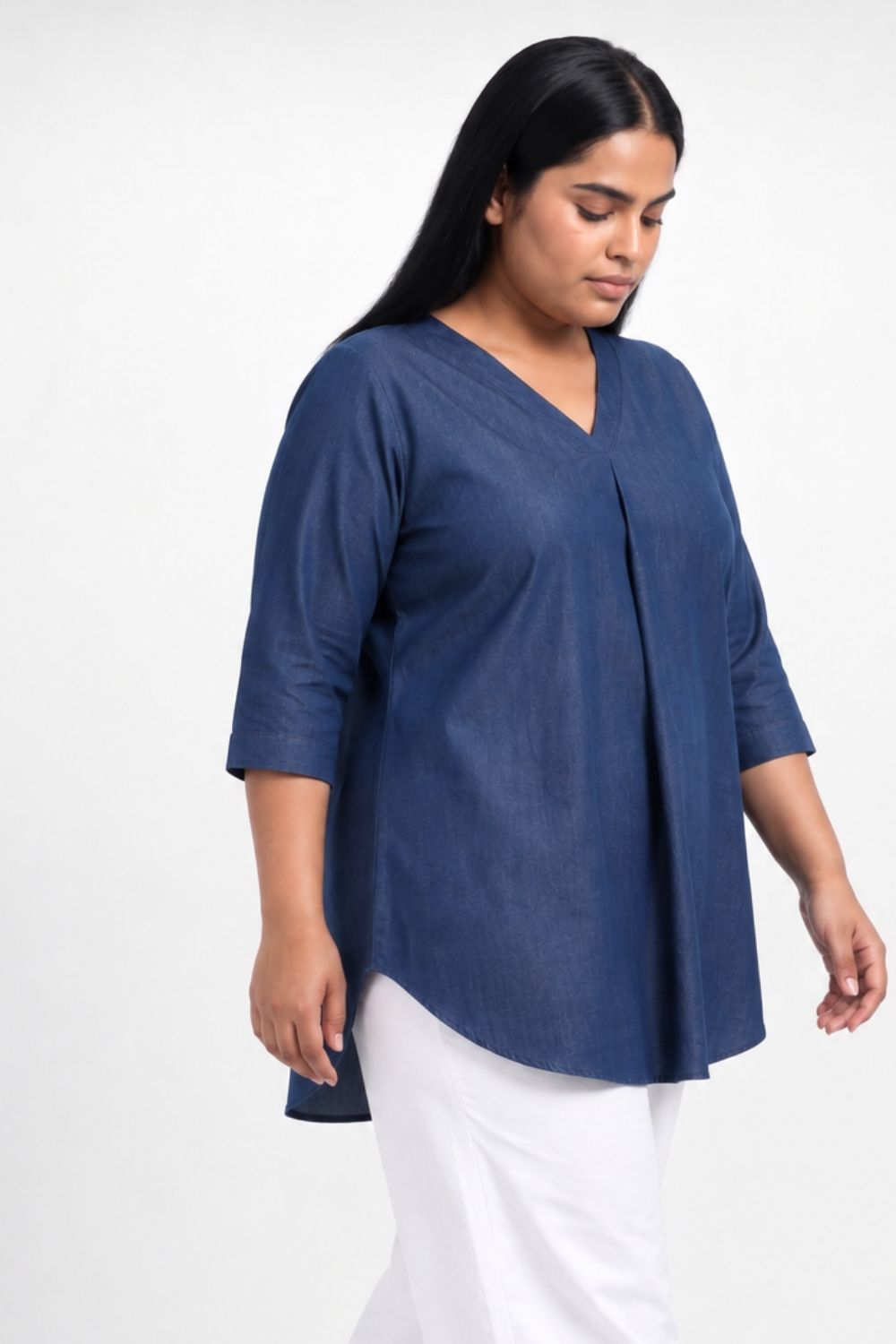 Plus Size Denim Cotton V-Neck Top for Women