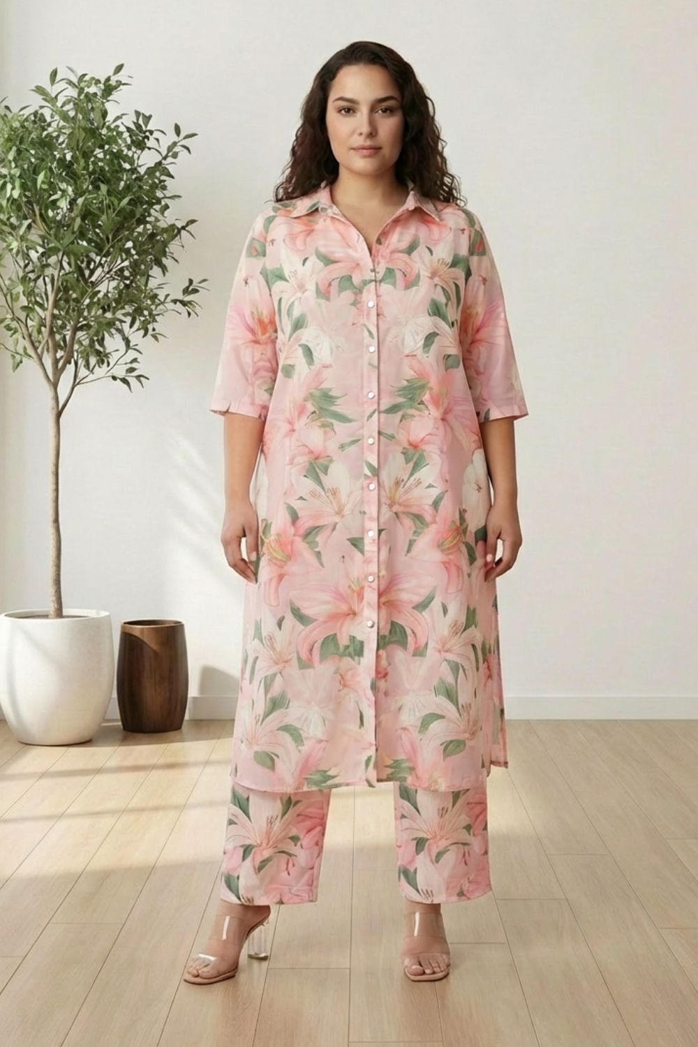 Plus Size Light Pink Floral Printed Coord Set for Women