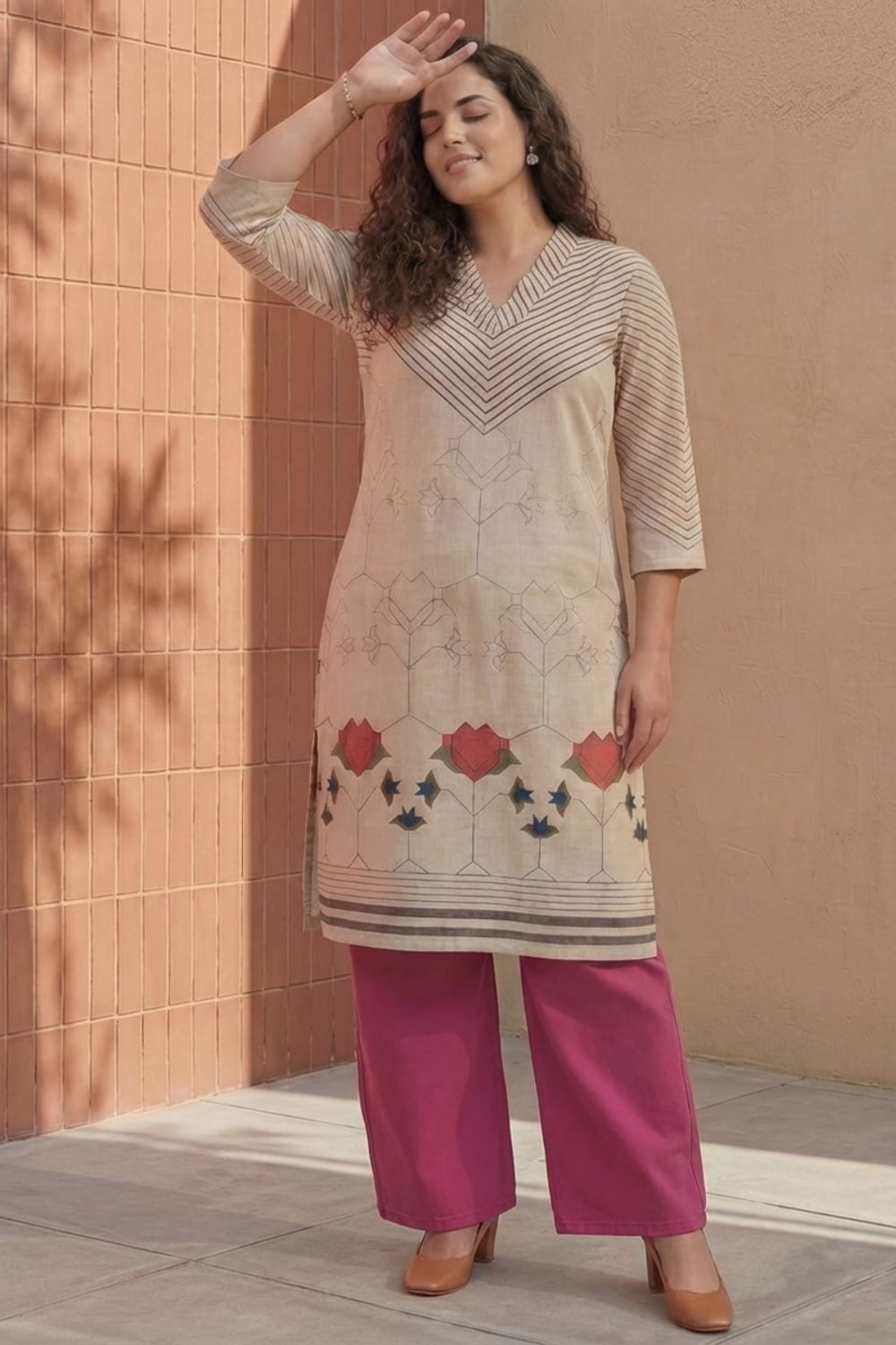 Comfortable Plus Size Beige Geometric & Floral Print Cotton V Neck Kurta