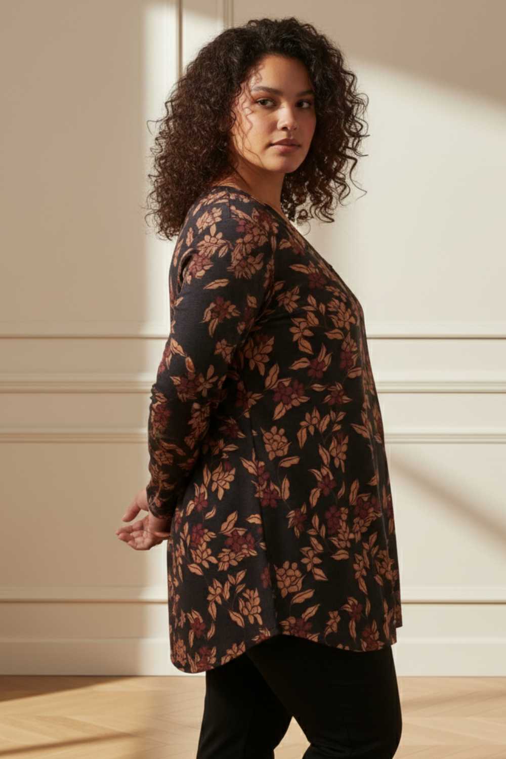 Plus Size Plus Size Black Blossom V Neck SnugWeave™ Winter Top