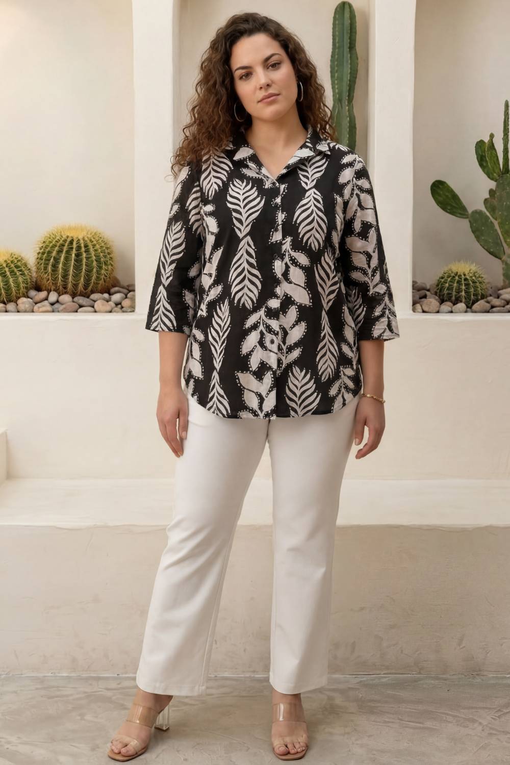 Comfortable Plus Size Black White Leaf Print Cuban Collar Rayon Shirt