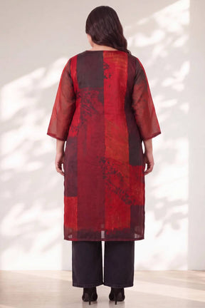 Plus Size Red and Deep Black Abstract Textured Print Satin Georgette Kurta