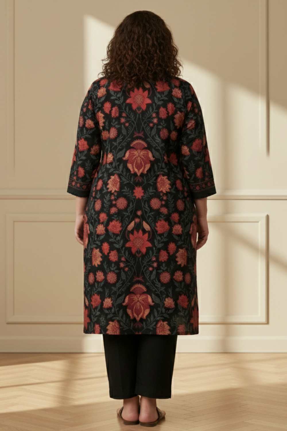 Plus Size Black Red Floral SnugWeave™ Winter Kurta