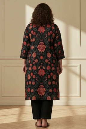 Plus Size Black Red Floral SnugWeave™ Winter Kurta