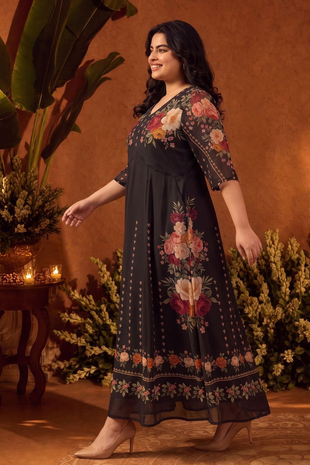 Plus Size Floral Elegance Print Georgette Anarkali Dress