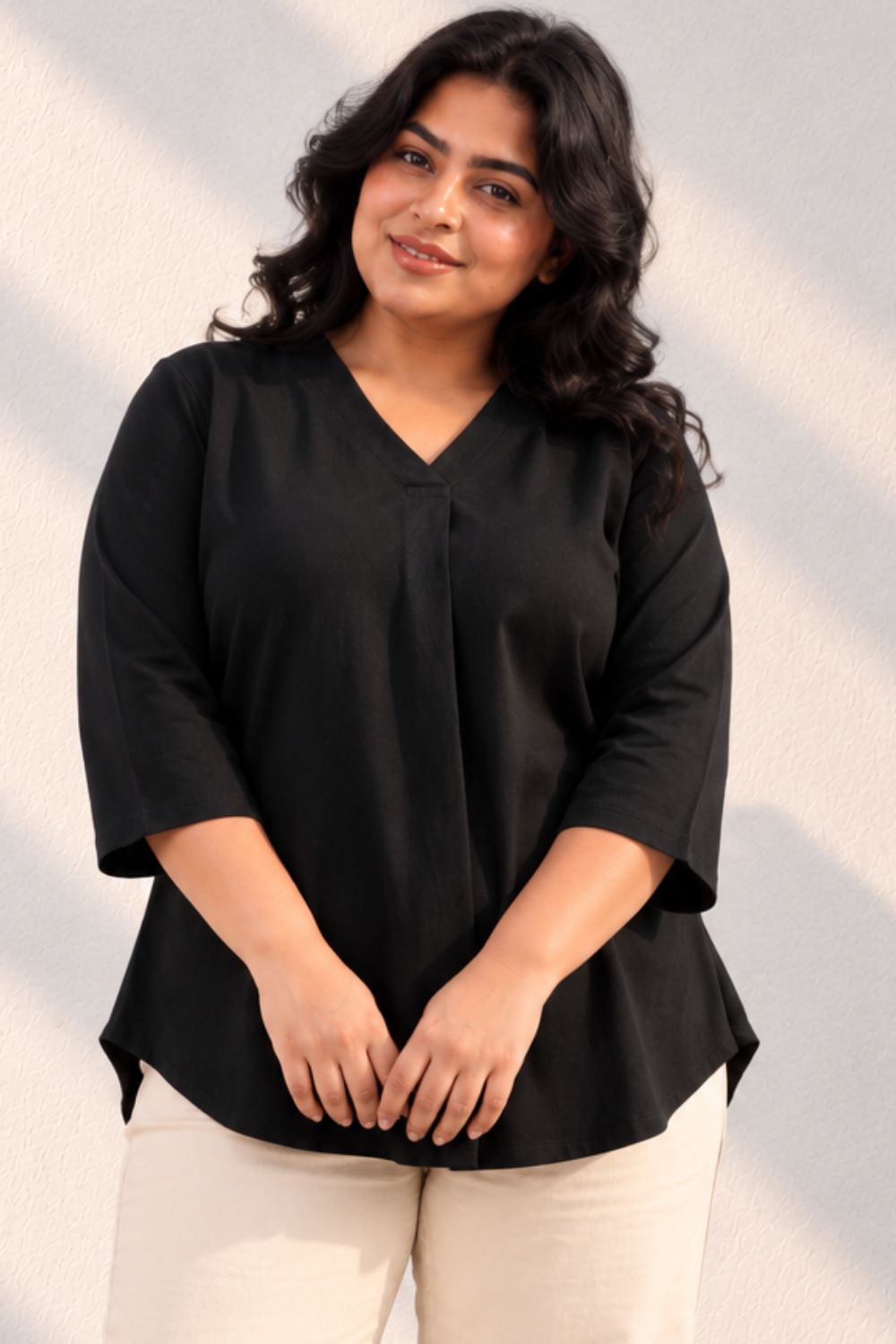 Plus Size SoftEase V Neck Black Cotton Top for Women