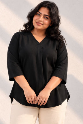 Plus Size SoftEase V Neck Black Cotton Top