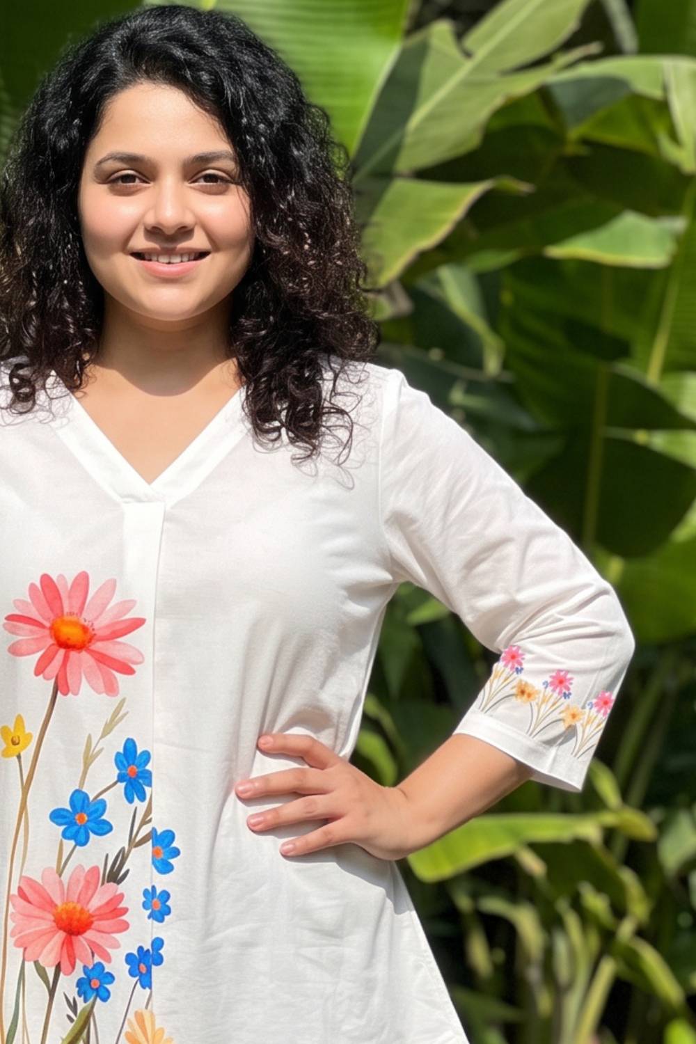 Plus Size White Floral Print Top for Women