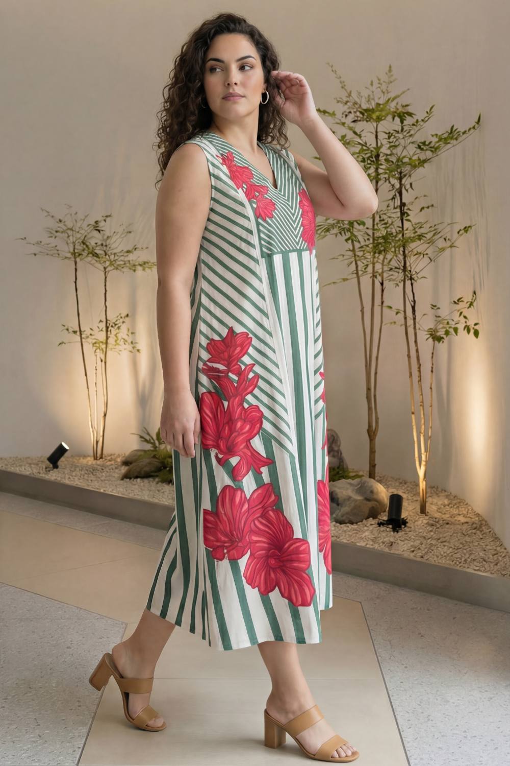 Plus Size Green Stripe Floral Print Sleeveless Cotton Midi Dress for Women