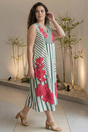 Plus Size Green Stripe Floral Print Sleeveless Cotton Midi Dress