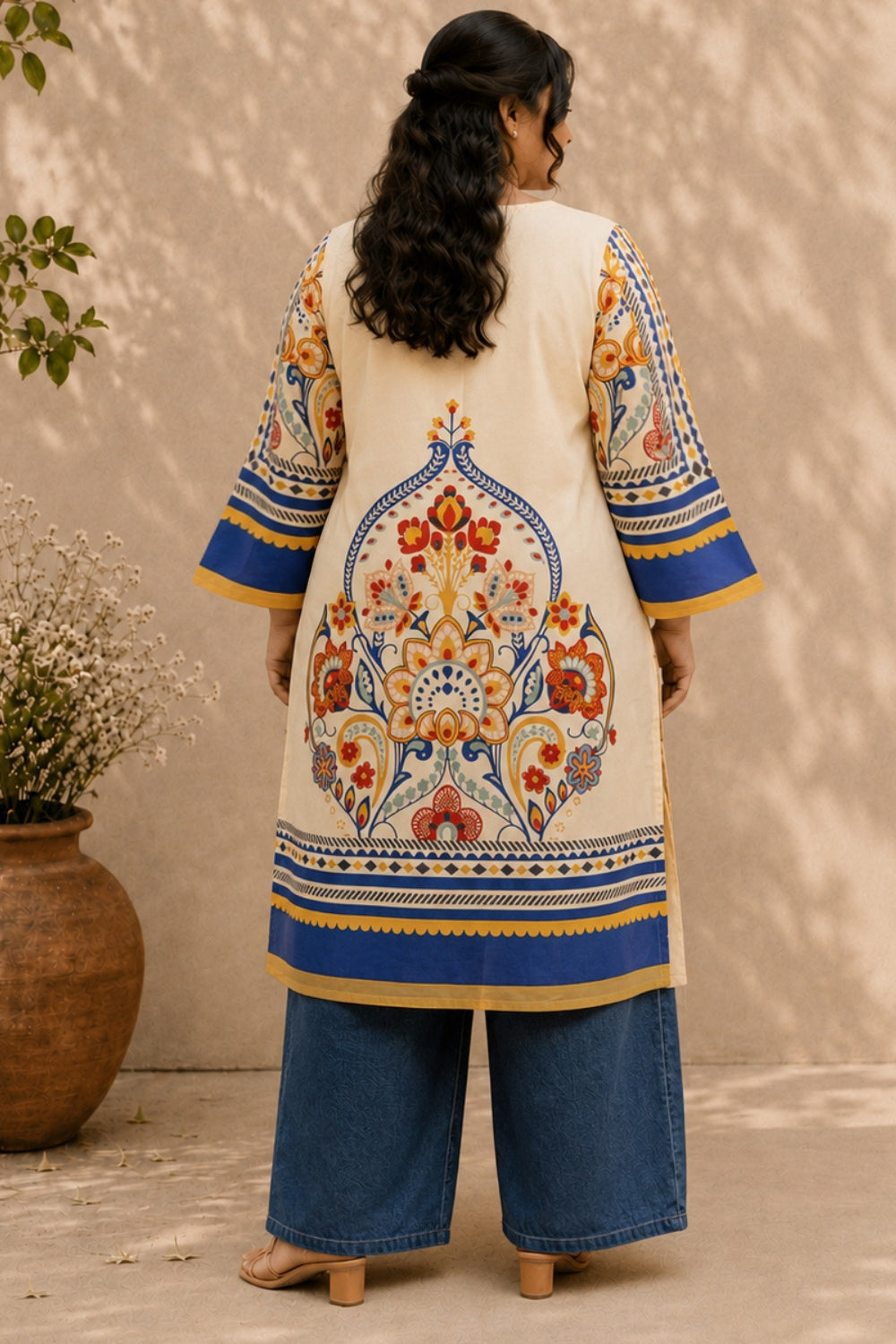 Plus Size Plus Size Beige Ethnic Floral Print Cotton Kurta