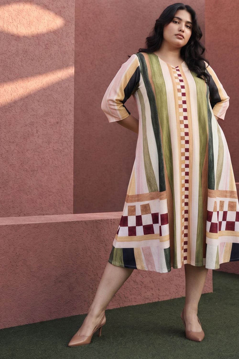 Plus Size Abstract check Print Midi Dress for Women