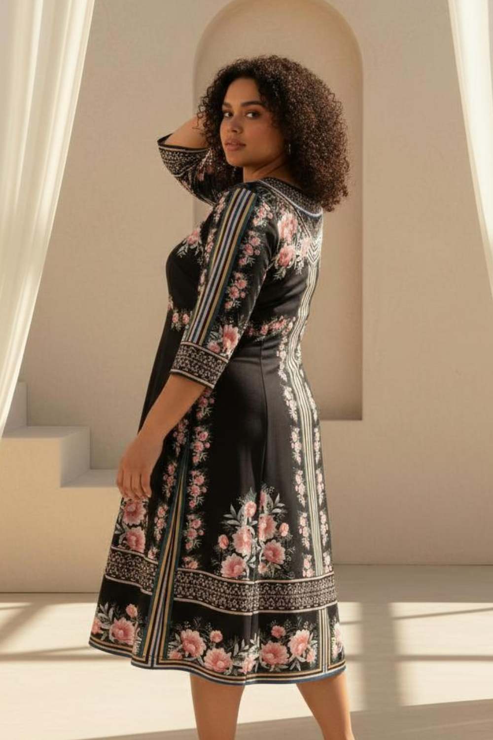 Comfortable Plus Size Black Floral Printed A Line Dress