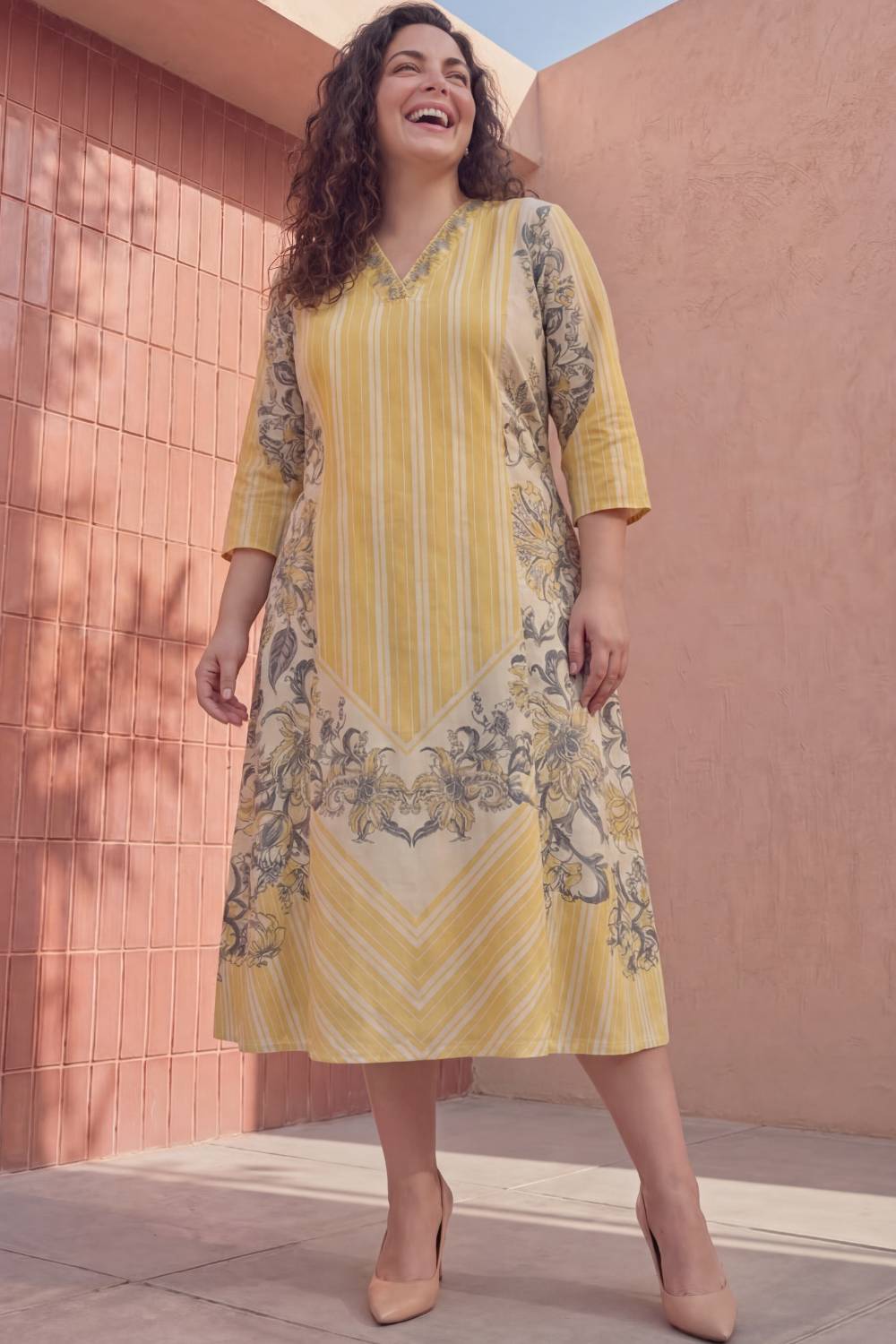Plus Size Yellow Floral A-Line Cotton Midi Dress for Women