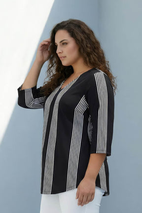 Plus Size Black White Striped Centre Pleat Top