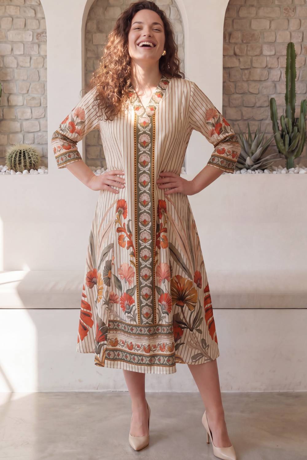 Floral Stripe Grace Plus Size Midi Dress