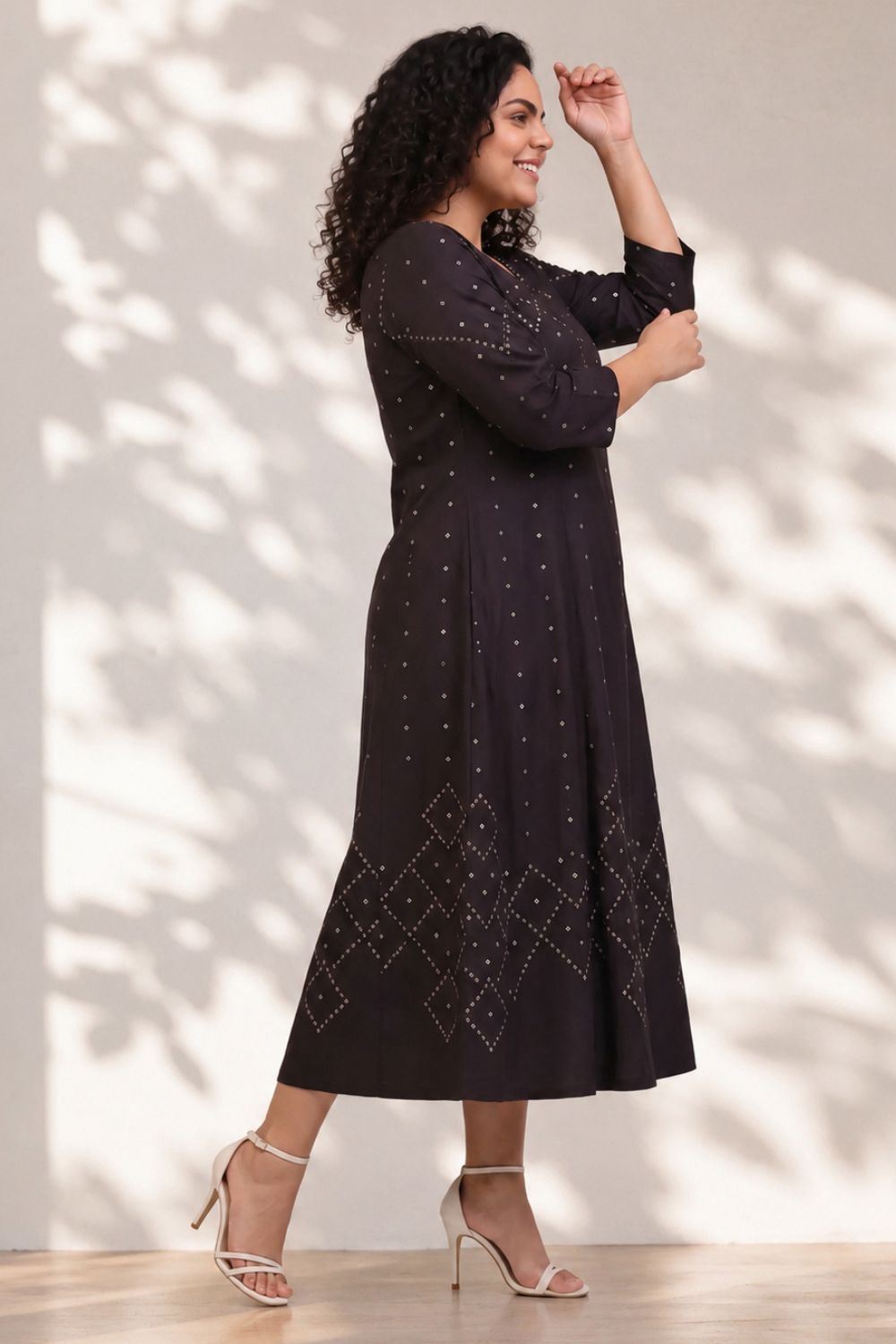 Plus Size Black Bandhej Print Midi Dress for Women