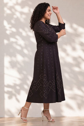 Plus Size Black Bandhej Print Midi Dress