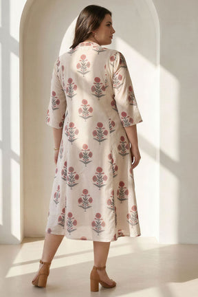 Plus Size Beige Floral Printed Cotton Midi Dress