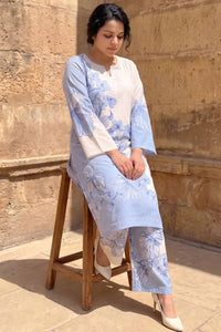 Plus Size Blue Floral Print Cotton Kurta Coord Set