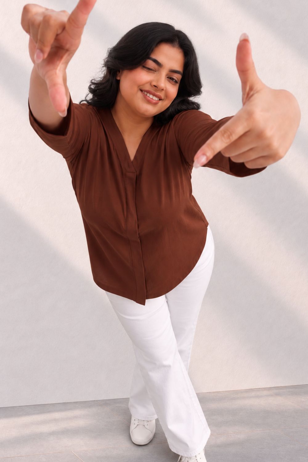 Plus Size SoftEase V Neck Brown Cotton Top