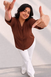Plus Size SoftEase V Neck Brown Cotton Top