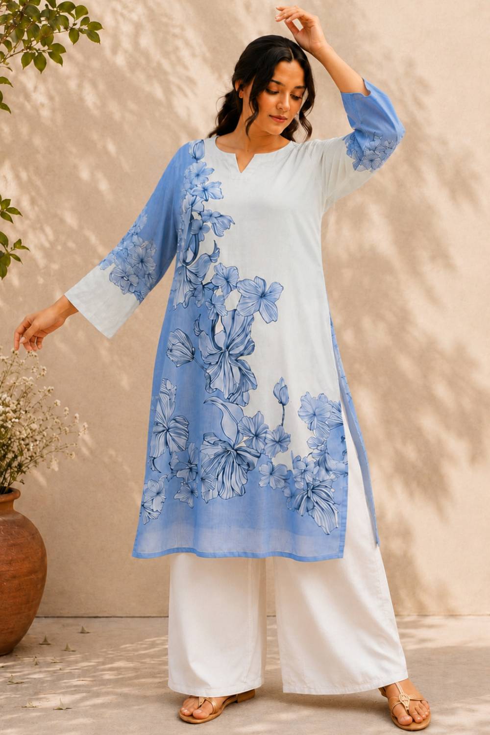Plus Size Blue Floral Print Cotton Kurti for Women