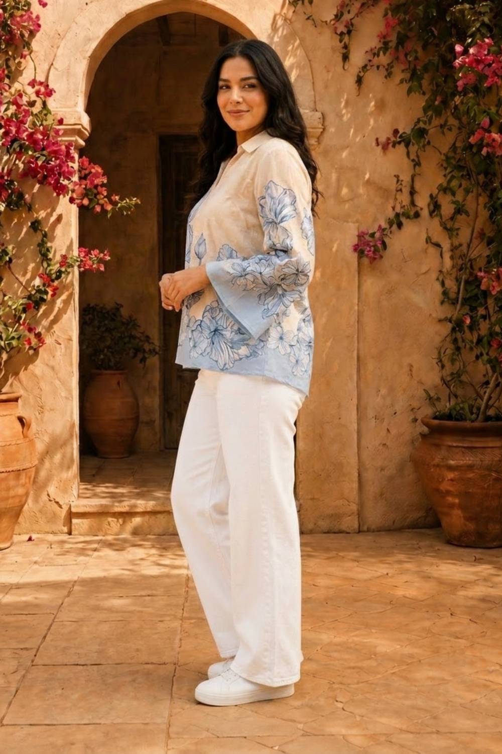 Plus Size Blue Floral Print Cotton Top for Women