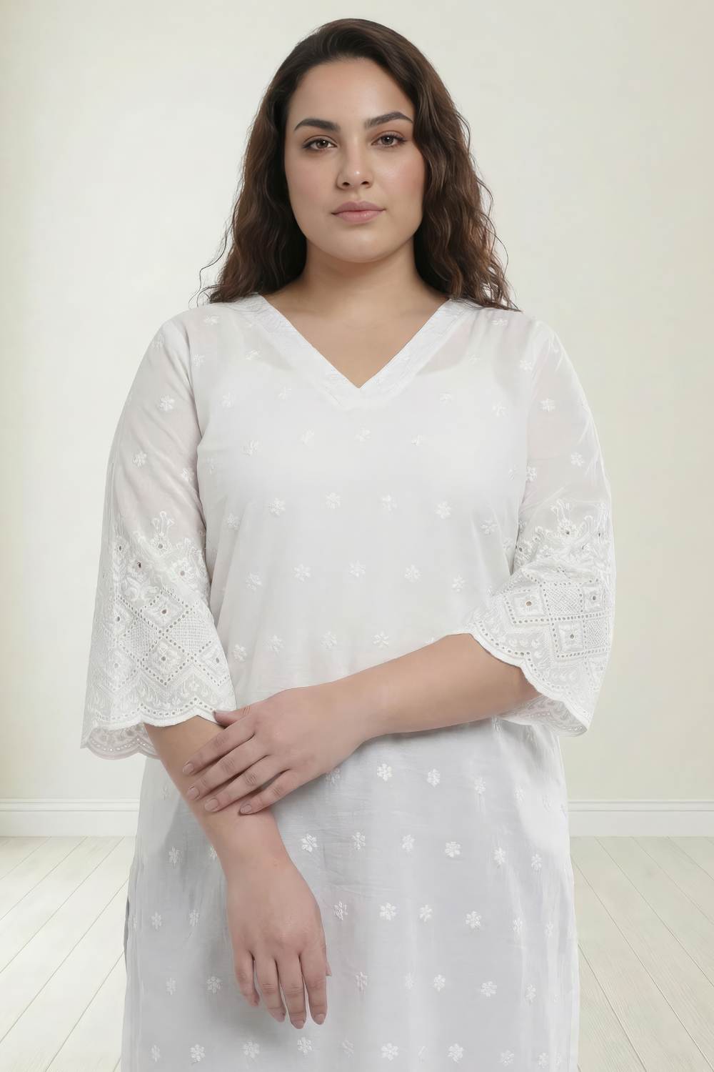 Plus Size White Cotton Schiffli V Neck Kurta
