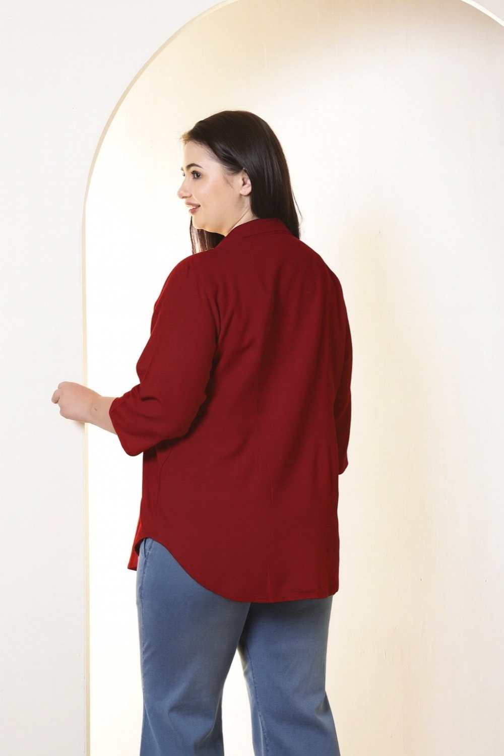 Comfortable Plus Size Maroon Cotton Linen Cuban Collar Shirt