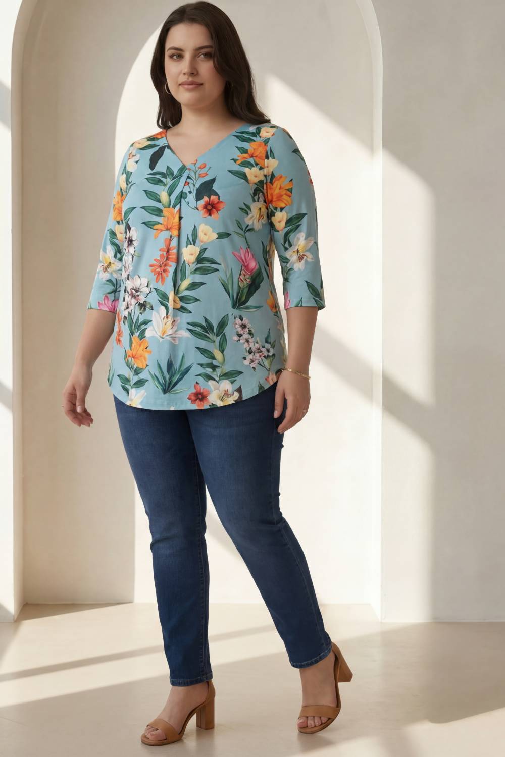 Plus Size Light Blue Floral Centre Pleat Top for Women