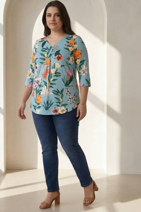Plus Size Light Blue Floral Centre Pleat Top