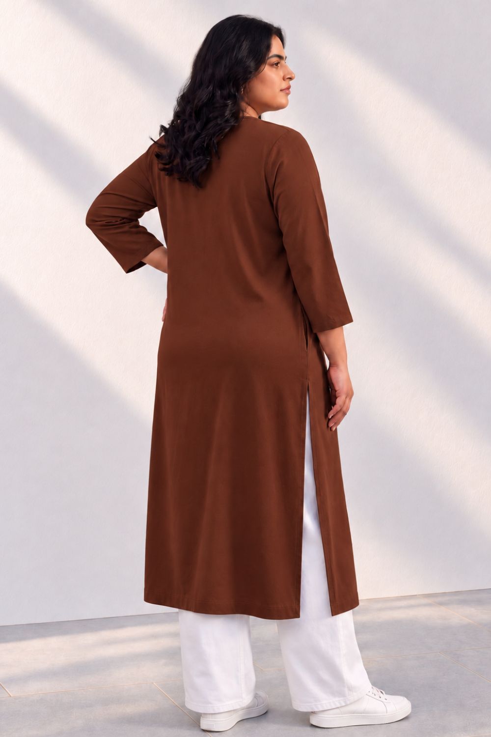 Comfortable Plus Size SoftEase V Neck Brown Cotton Kurta
