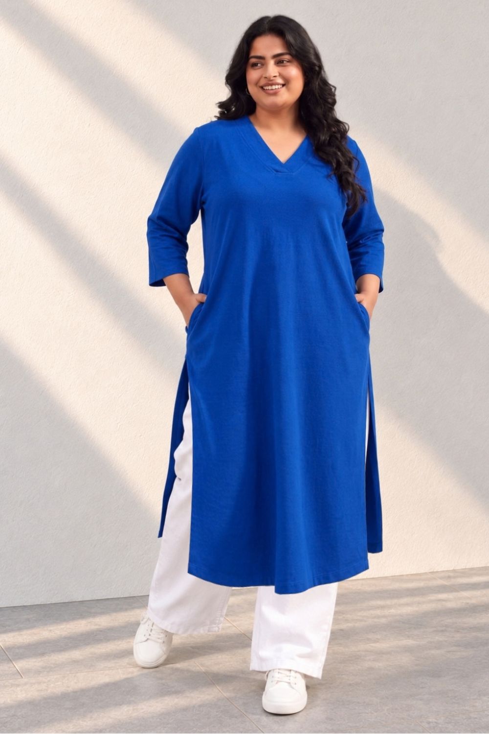 Buy Plus Size SoftEase V Neck Blue Cotton Kurta