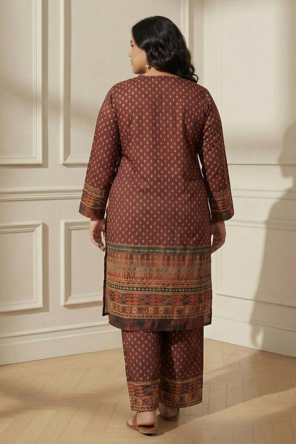 Plus Size Maroon Border Print SnugWeave™ Winter Kurta Coord Set