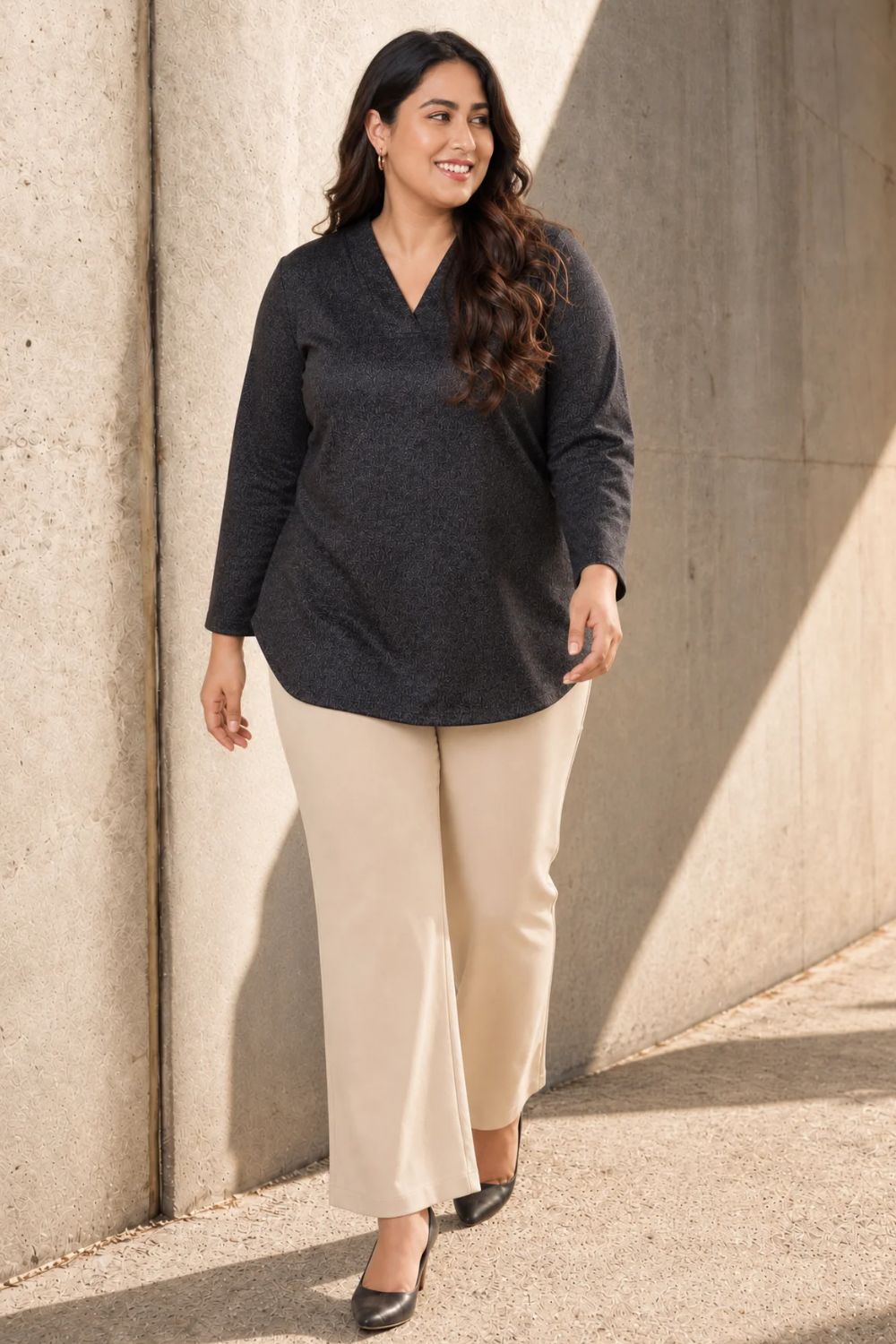 Plus Size Charcoal Grey V Neck SnugWeave Winter Top