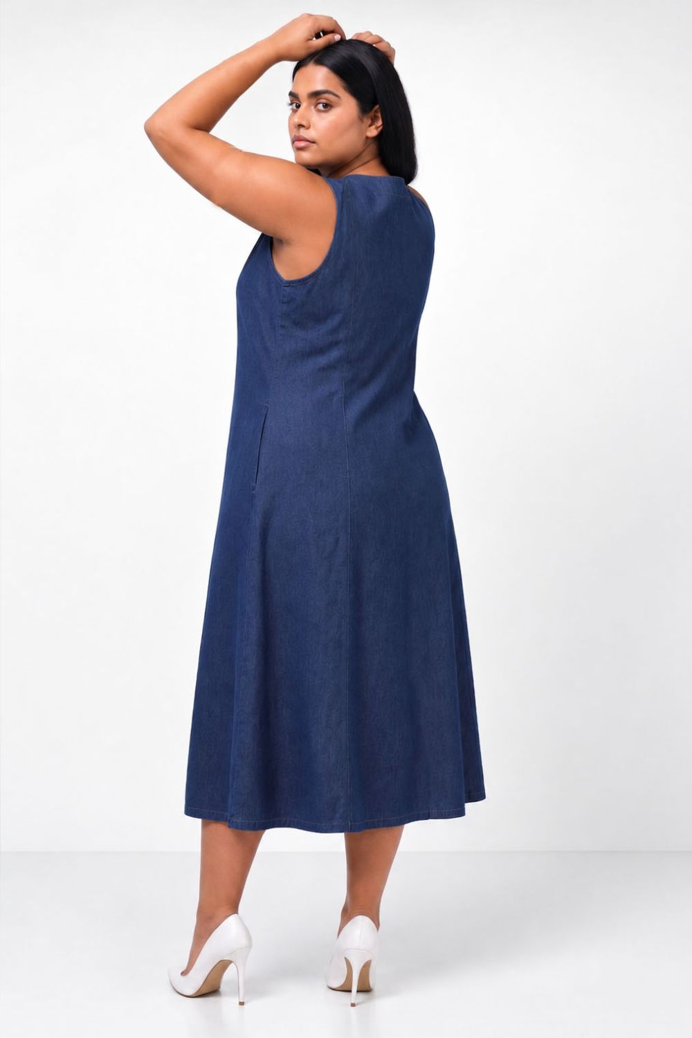 Plus Size Sleeveless Indigo Denim Cotton A-Line Dress for Women