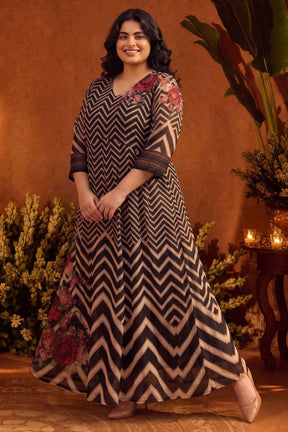 Plus Size Black Rose Chevron Print Georgette Anarkali Dress