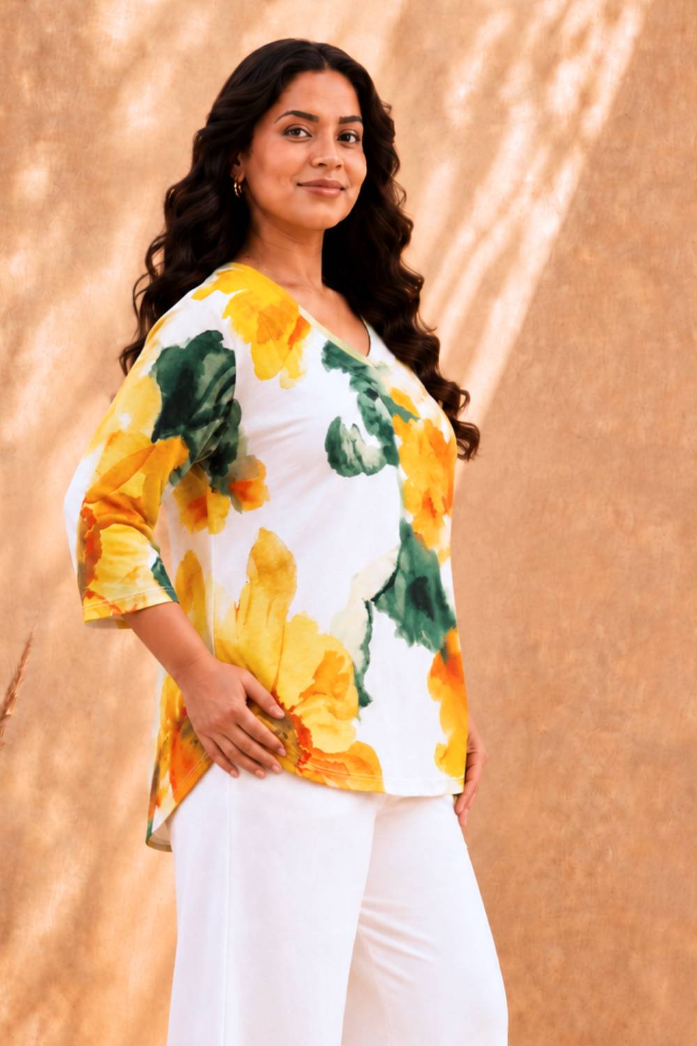 Plus Size Sunflower Grace Yellow Print Top for Women