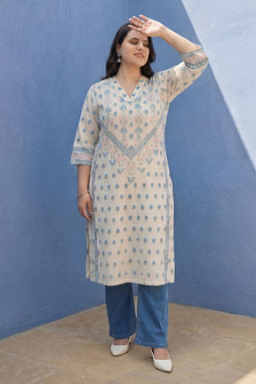 Plus Size Cream Mughal Floral Cotton V-Neck Kurta