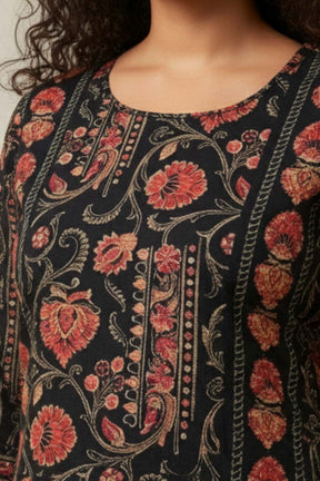 Plus Size Black Floral Round Neck SnugWeave™ Winter Kurta Coord Set
