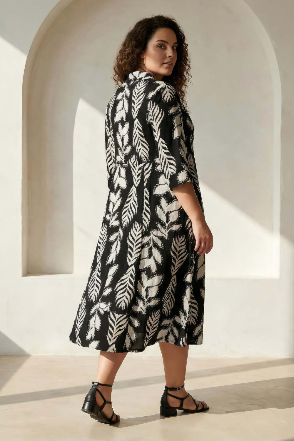 Plus Size Black & White Leaf Print Rayon Midi Dress