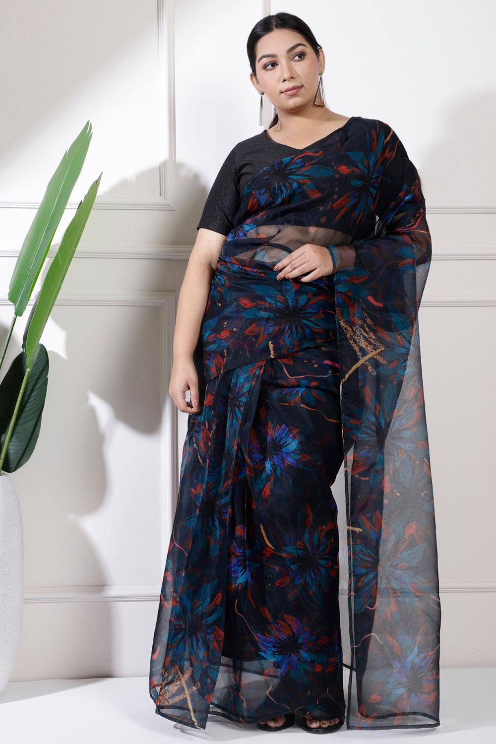 Plus Size Blue Floral Print Readymade Organza Saree