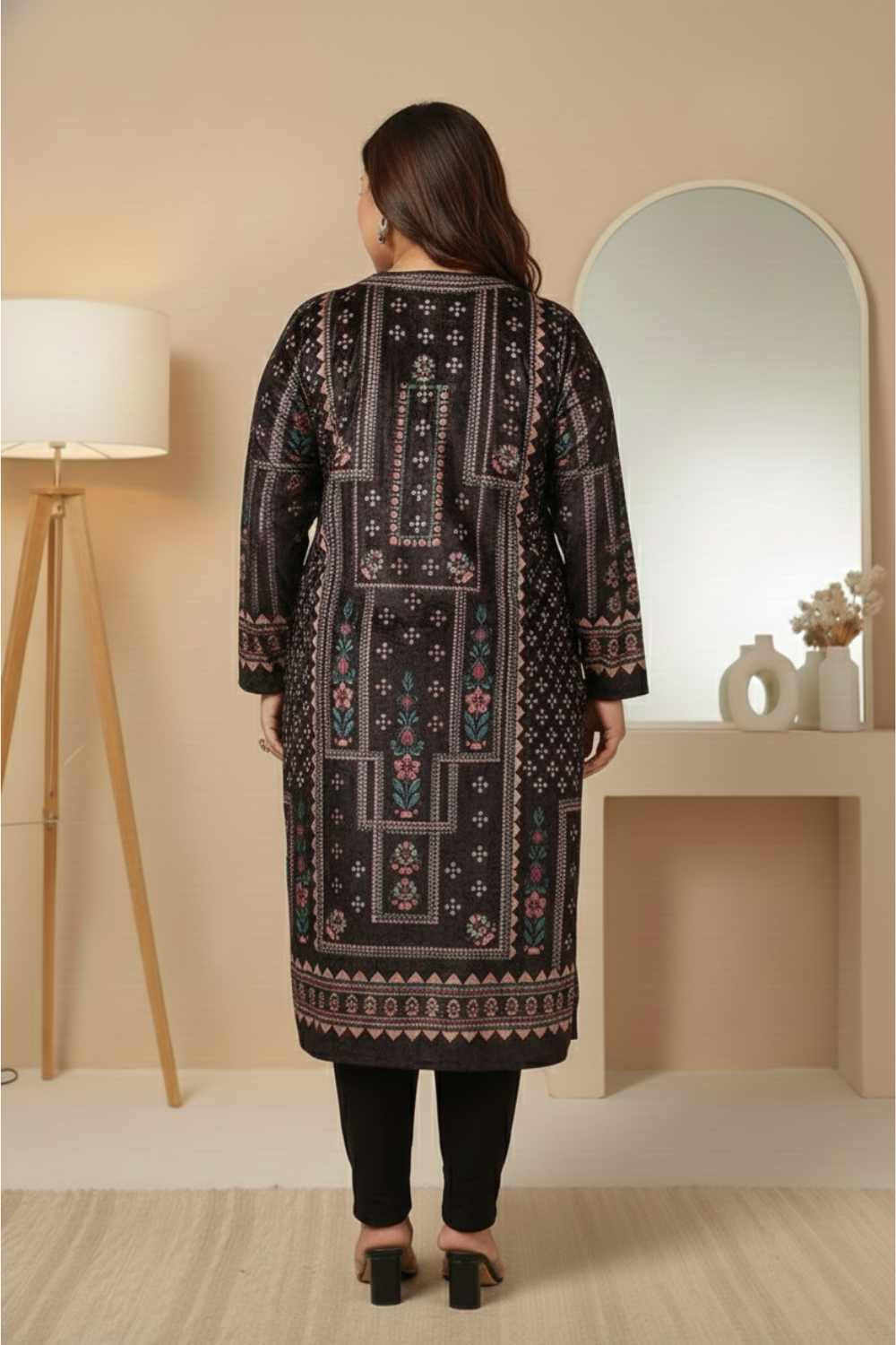 Plus Size Black Ethnic Panel SnugWeave™ Winter Kurta