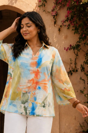 Plus Size Pastel Abstract Print Cotton Top