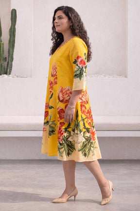 Plus Size Radiant Yellow Floral Print Cotton Midi Dress