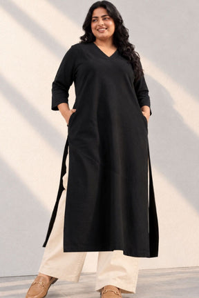 Plus Size SoftEase V Neck Black Cotton Kurta