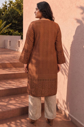 Plus Size Brown Ethnic Print Georgette Kurta