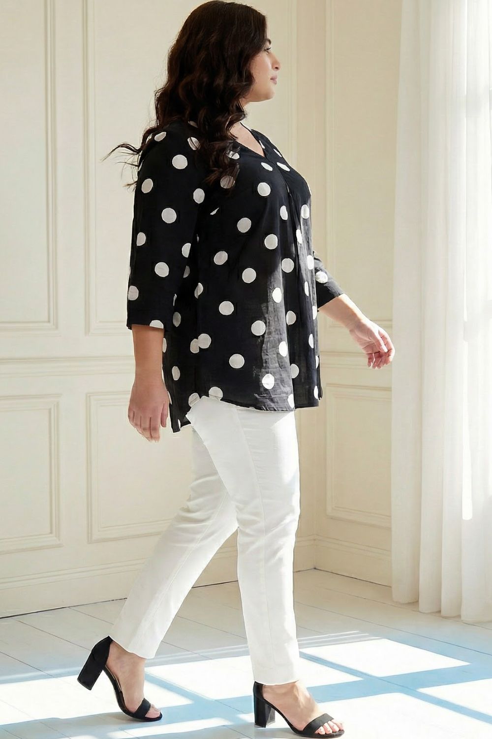 Plus Size Black Polka Print V Neck Rayon Top
