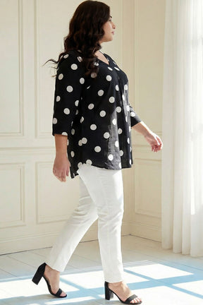 Plus Size Black Polka Print V Neck Rayon Top
